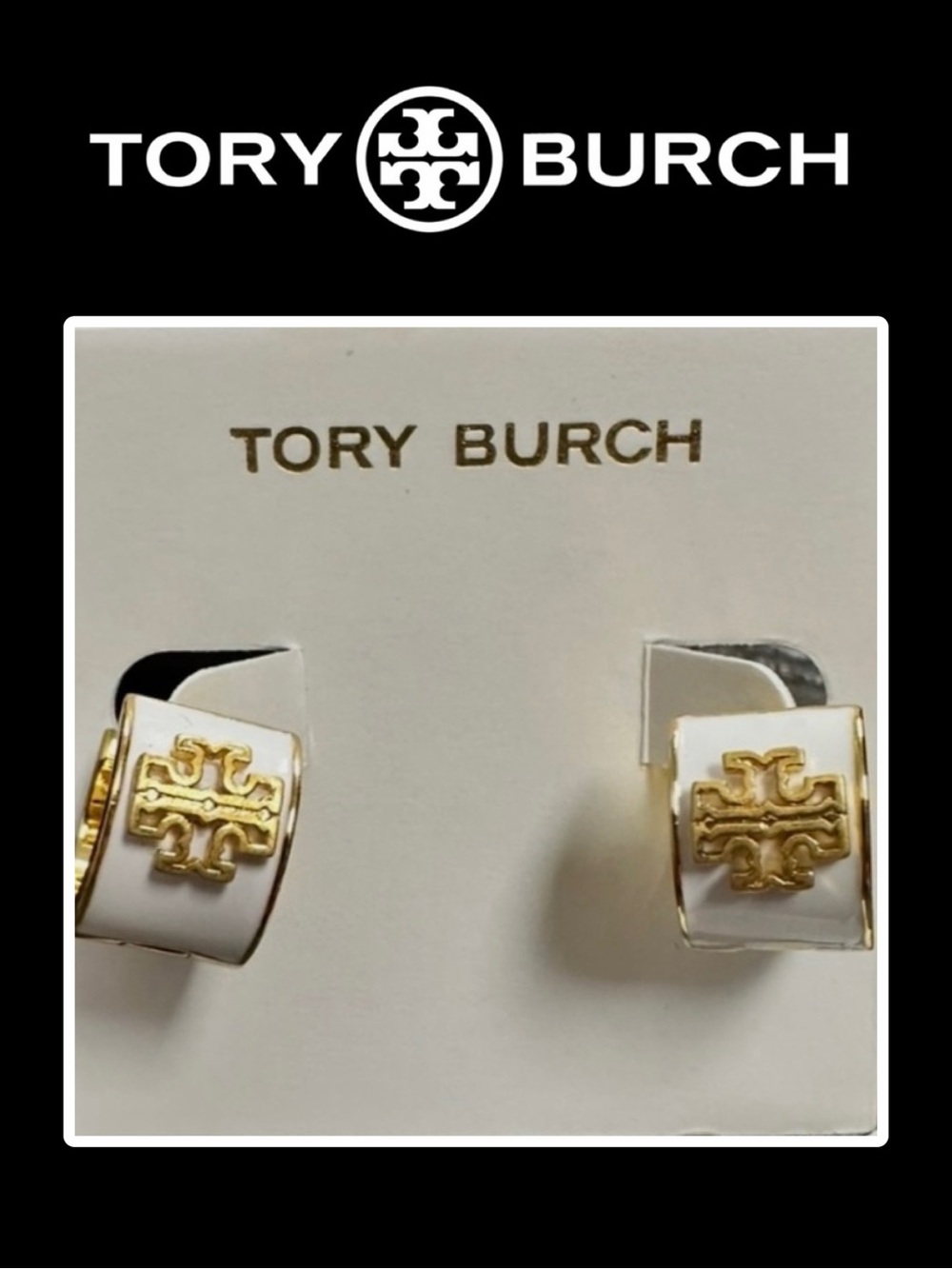 NWT - TORY BURCH - BRITTEN GOLD & WHITE ENAMEL HUGGIE EARRINGS
